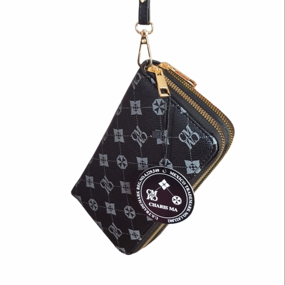 Leather wallet Black women Wristlet Purse Clutch round zipper Charis Ma - Picture 12 of 14